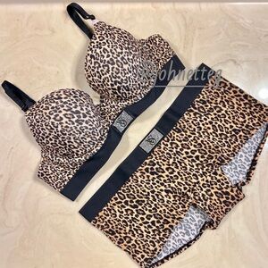 VICTORIA’S SECRET Shine Patch Push Up Bra & Boyshort Set Natural Leopard 36B & M